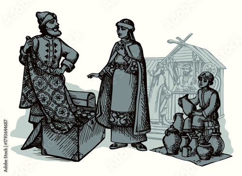 Vector drawing. Man sells a fabric om ancient market