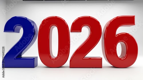 3D Render of 2026 in Glossy Blue and Red for New Year Celebration