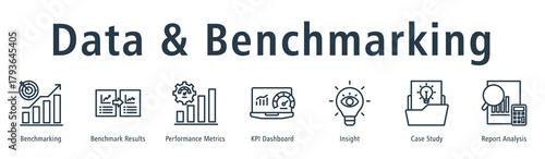 Data and benchmarking web banner icon vector illustration concept with icon of benchmarking, benchmark results, performance metrics, KPI dashboard, insight, case study, and report analysis.