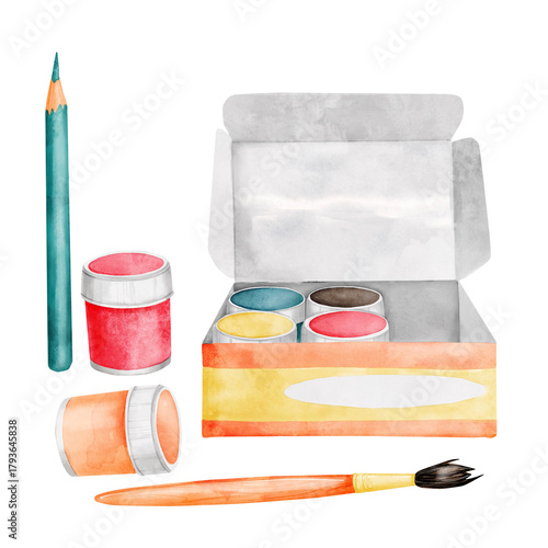 A set of acrylic or gouache paints in an open cardboard box. Jars of multicolored paints, a brush, and a pencil for children's drawing. Watercolor cartoon illustration on a white background for