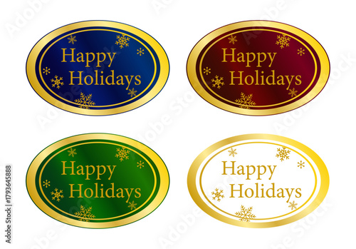 Happy Holidays を中心に据えた楕円形ラベルの4色コレクション（ベクター）