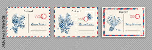 Vintage Christmas Postcards with Engraved Pine Branches illustrations. Vector templates