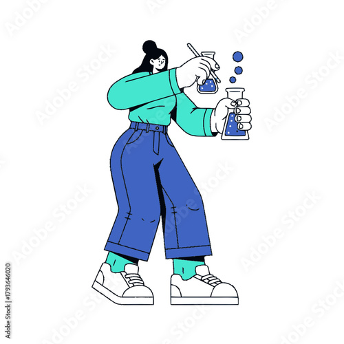 Female scientist conducting a chemical experiment. Flat vector illustration of a woman researcher in a laboratory with flasks. Science and discovery concept