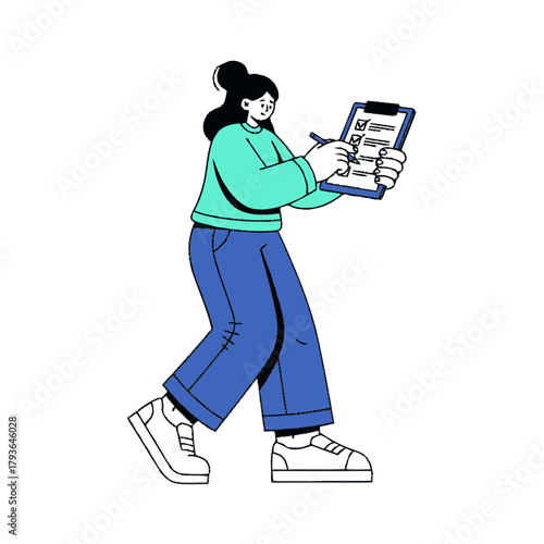 Woman checking a checklist on a clipboard. Productivity and task management concept. Modern flat vector illustration