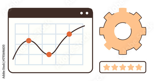 Line chart with rising trend, gear icon, and five-star rating illustrate progress, system optimization, and excellence. Ideal for analytics, strategy, performance, workflow quality planning simple