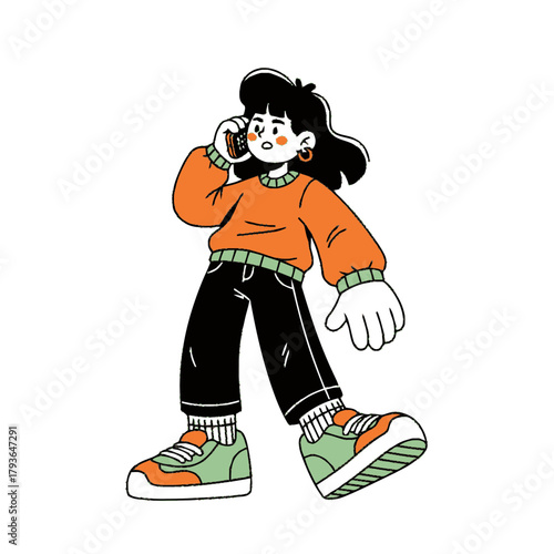 A cartoon illustration of a young woman talking on a mobile phone. Stylized character design in a flat, hand-drawn style. Vector graphic isolated on a white background