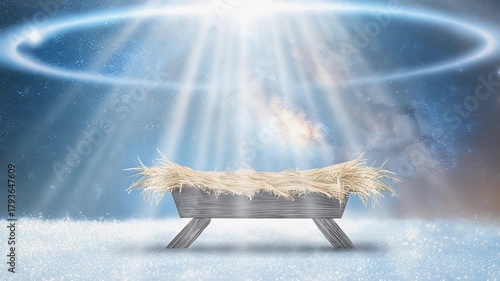 Halo Nativity Empty Manger Awaiting Birth Of Baby Jesus Prophecy Fulfilled Heavenly Snowy White Glistening Sky Special Effects