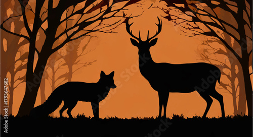 Fox and Deer Meet in Autumn Forest Silhouette

