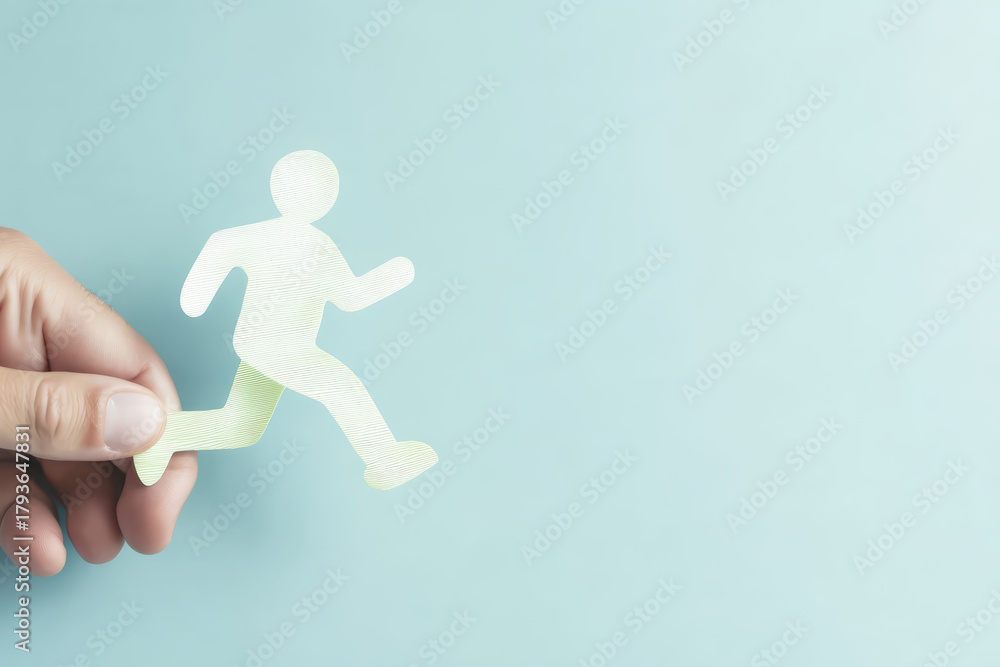 Obraz premium Hands holding paper cutout of person running symbolizing movement and progress on light blue background, conveying motivation and action