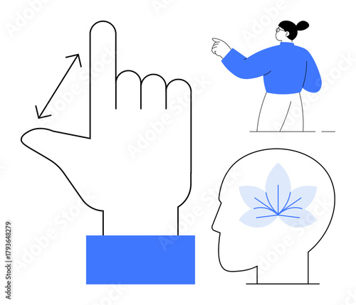 Minimalist representation of a hand gesture, a person pointing, and a head with a lotus-inspired graphic. Ideal for innovation, creativity, focus, clarity, design thinking, mindfulness