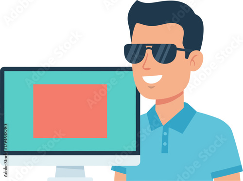 Cheerful male tech enthusiast confidently presenting digital content using a desktop computer with