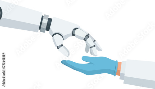 Futuristic robot hand offering assistance to human hand symbolizing collaboration and