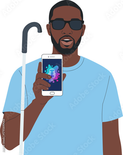 Innovative man with assistive tech using smart phone and hearing device in everyday environment