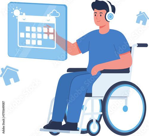 Innovative wheelchair user engaging with digital calendar interface for accessibility and