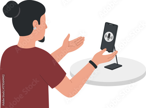 Young woman recording voice message on smartphone with stand in modern setting