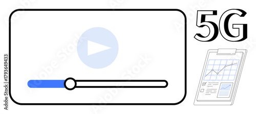 Video player with play button and loading bar, 5G connectivity text, analytics chart clipboard with progress. Ideal for technology, streaming, speed, networks, innovation, communication simple flat
