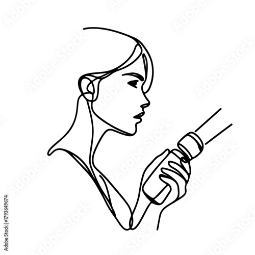 Woman using glowing lantern single line illustration in minimalist style