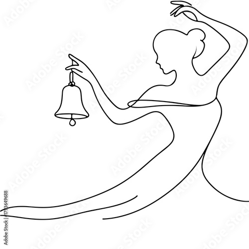 Woman ringing bell single line illustration in minimalist style