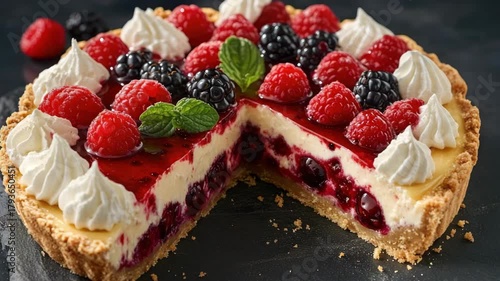 A tempting slice of cheesecake pie with a variety of fresh fruits, including raspberries and blueberries. It's a delightful dessert option for warm weather or special occasions.