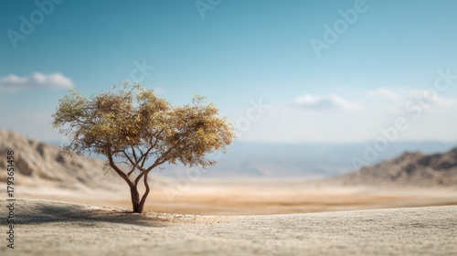 Fototapeta Naklejka Na Ścianę i Meble -  Lonely tree in arid landscape under a vast expanse of clear blue sky