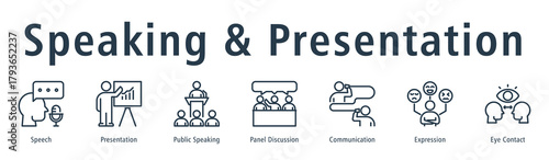 Speaking & Presentation web banner icon vector illustration concept with icon of speech, presentation, public speaking, panel discussion, communication, expression, and eye contact.