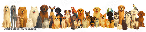 Adorable pets in a group.A group of cartoon design graphics unique banner.Various breeds of dogs and cats and parrots gather together, showcasing their friendly personalities