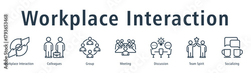 Workplace Interaction web banner icon vector illustration concept with icon of workplace interaction, colleagues, group, meeting, discussion, team spirit, and socializing.