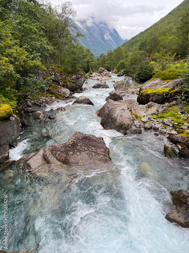Untamed mountain river racing past mossy stones amid silent evergreen forests and misty peaks