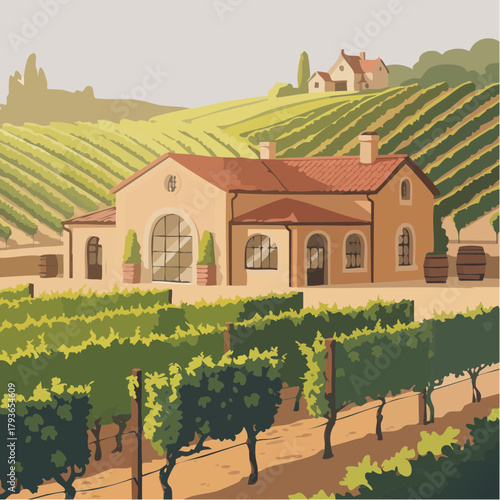 Winery and vineyard 2D vector illustration scene with grape crops and alcohol extraction building