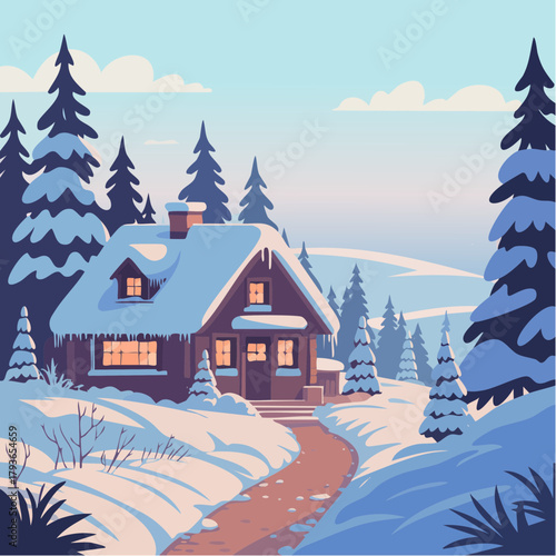 Cabin in the snowy woods - winter vacation concept