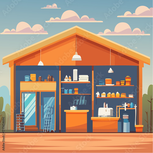 2D vector of cartoon workshop building with simple architecture
