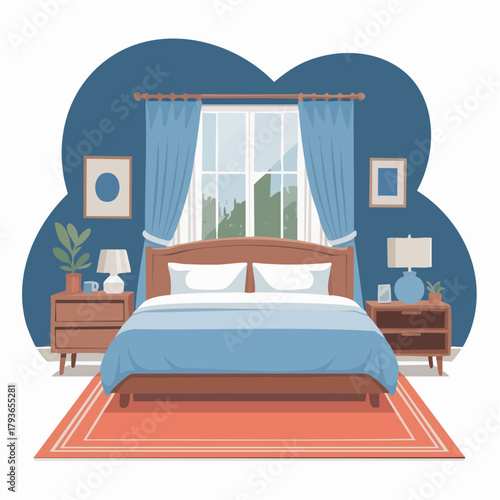 Bedroom interior - furnished room in a house with bed. 2D vector illustration