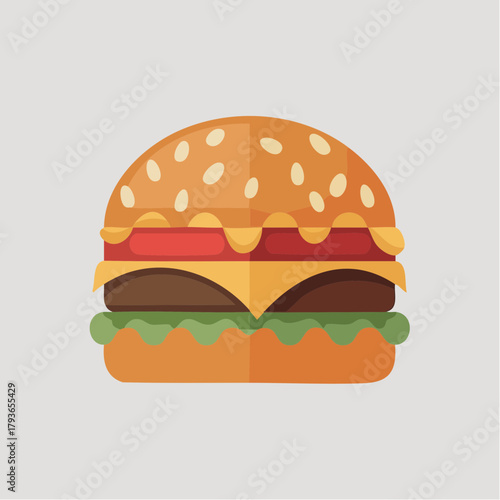 Hamburger logo - 2D vector sandwich with ground beef, cheese, tomato, lettuce, and condiments on sesame seed bun