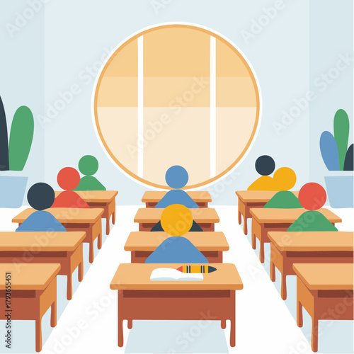 Classroom interior with students at desks learning in school