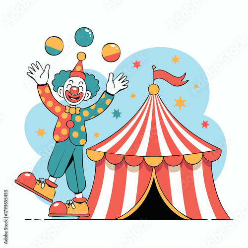 2D vector illustration of a circus with performer and tent