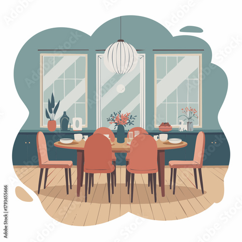Home dining room interior with table and chair setting