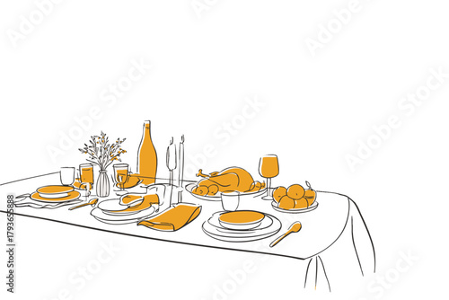 Autumn thanksgiving feast illustration with roasted turkey pumpkins wine and elegant dinner table decor