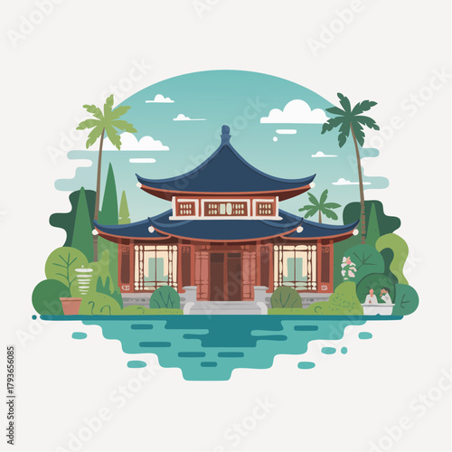 House with Asian style architecture - home exterior with front yard 2D vector illustration for real estate