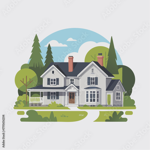 House with Farmhouse style architecture - home exterior with front yard 2D vector illustration for real estate