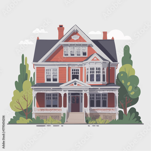House with Eastlake style architecture - home exterior with front yard 2D vector illustration for real estate