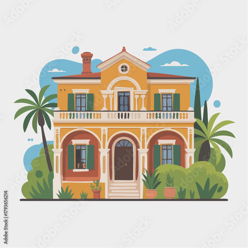House with Mediterranean style architecture - home exterior with front yard 2D vector illustration for real estate