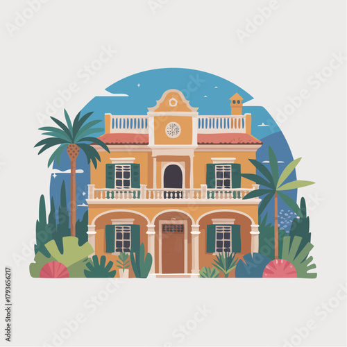 House with Mediterranean style architecture - home exterior with front yard 2D vector illustration for real estate