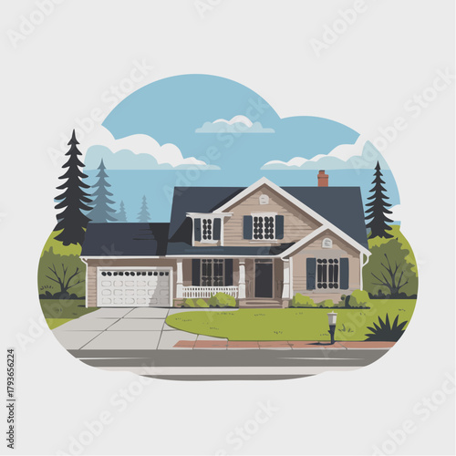 House with Ranch style architecture - home exterior with front yard 2D vector illustration for real estate