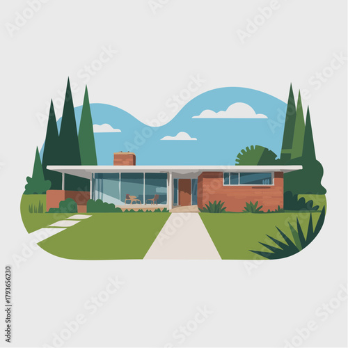 House with Midcentury Modern style architecture - home exterior with front yard 2D vector illustration for real estate