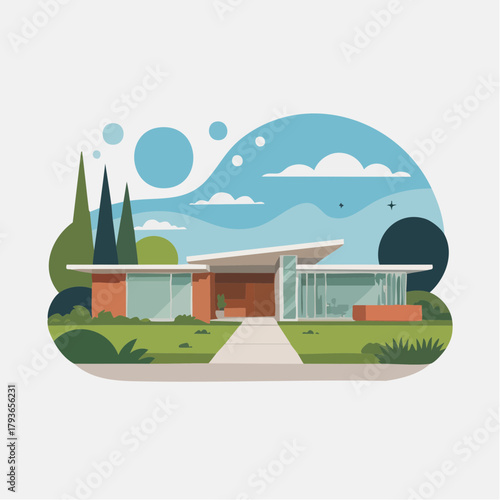 House with Midcentury Modern style architecture - home exterior with front yard 2D vector illustration for real estate