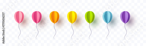 Balloon set isolated on transparent background. Vector paper colorful festive 3d balloons template for anniversary, birthday party design
