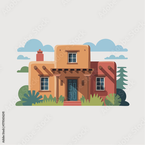 House with Pueblo Adobe style architecture - home exterior with front yard 2D vector illustration for real estate