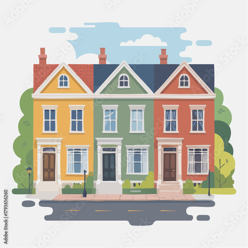 House with Rowhouse style architecture - home exterior with front yard 2D vector illustration for real estate