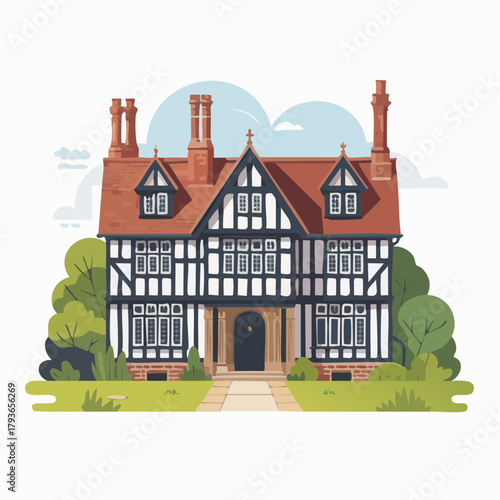 House with Tudor style architecture - home exterior with front yard 2D vector illustration for real estate