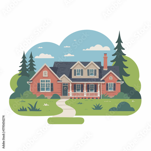 House with Ranch style architecture - home exterior with front yard 2D vector illustration for real estate